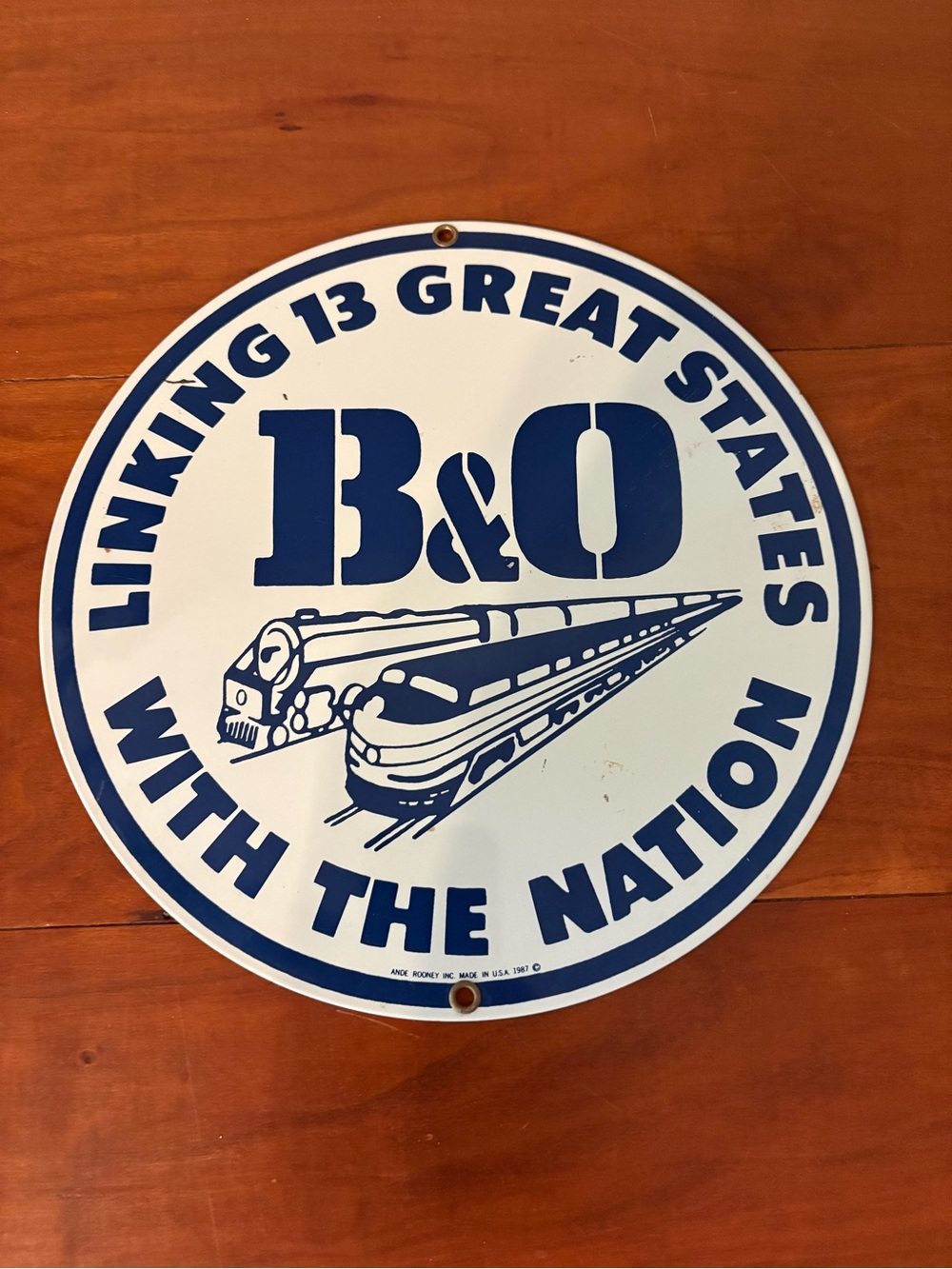 B&O Railroad Porcelain Enamel Sign 1987 Ande Rooney 10” Train